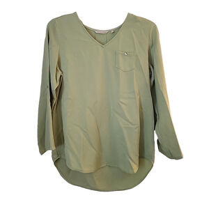 SOFT SURROUNDINGS Green Tencel V-Neck Tunic Pullover Top Roll Tab Sleeve SM new